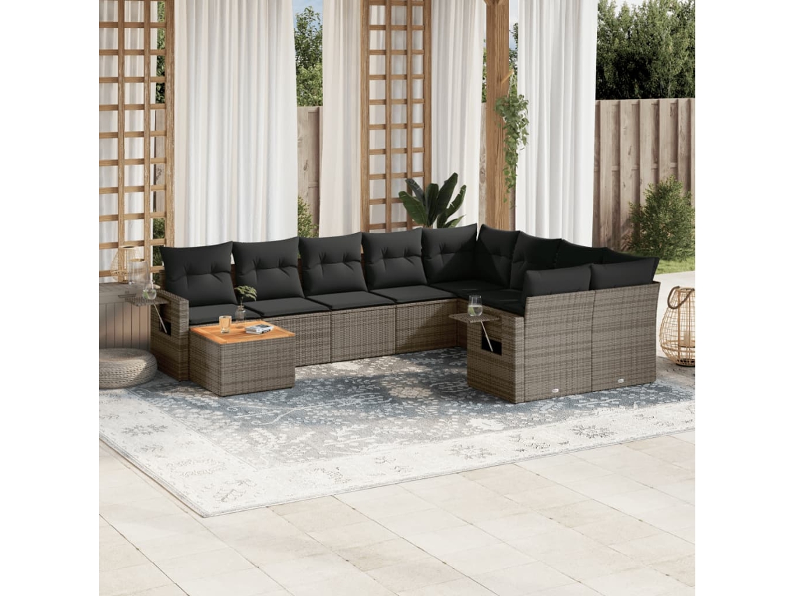 Vidaxl 10 Pcs Conjunto Sofás De Jardim C/ Almofadões Vime Pe Cinzento