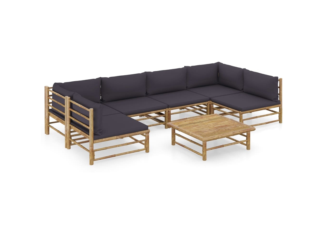 Vidaxl 7 Pcs Conj. Lounge Jardim Em Bambu C/ Almofadões Cinza-escuro