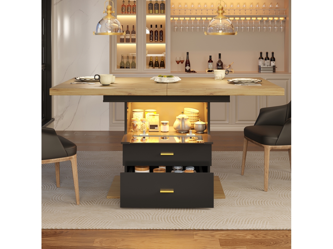 Mesa Extensível 110-140x80x75cm Com Iluminação Led, Para 6 Pessoas, Cozinha, Terraço E Sala De Jantar
