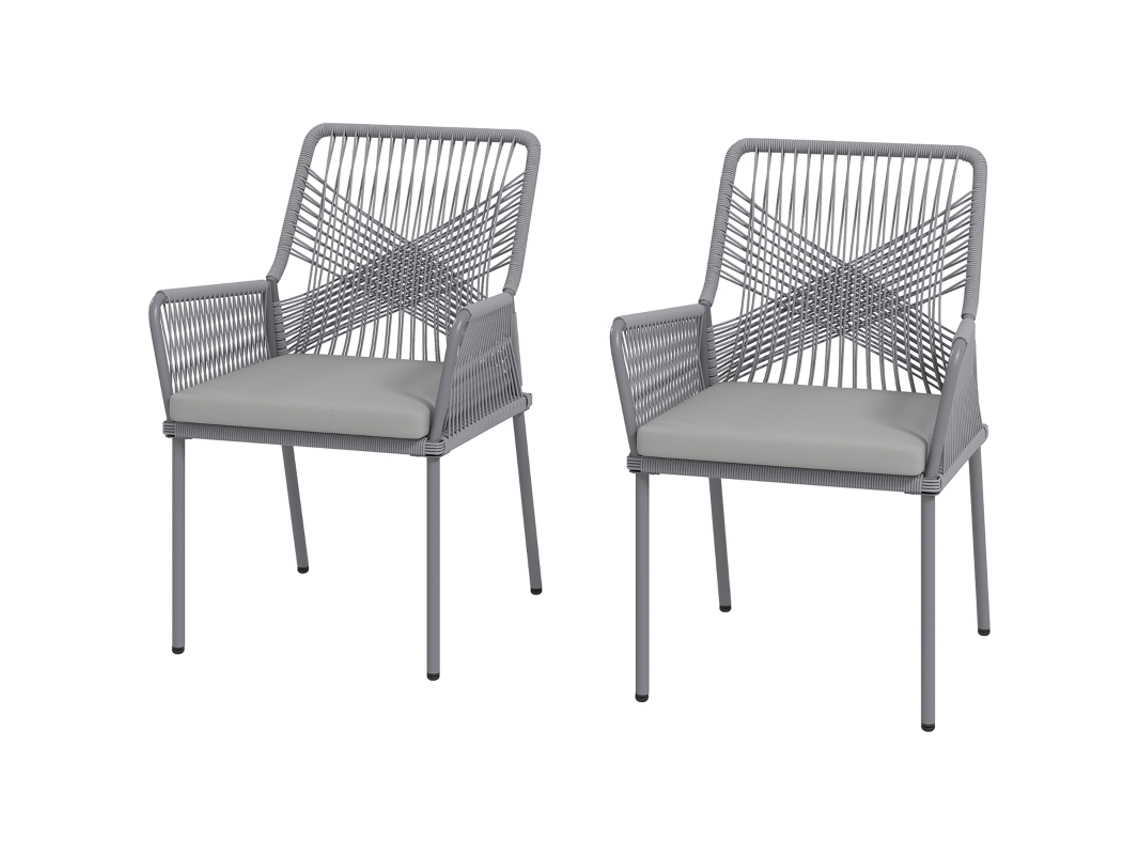 2 Cadeiras Rattan Braços Almofadas Cinza Escuro Varanda
