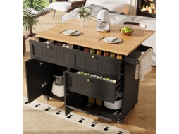 Ilha De Cozinha Moderna Com Aspeto Madeira, Mesa Multifuncional Com Arrumação, Função Extensível, Preto