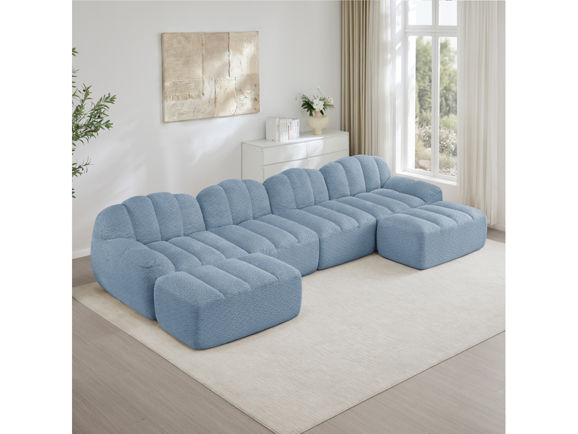 Sofá Modular U 4 Lugares E 2 Pufes, Concha, Espuma 32d, Assento Profundo, Azul