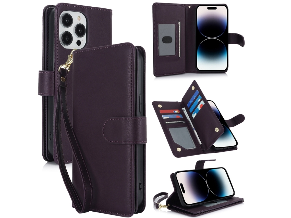 Capa Carteira De Couro Para Iphone 14 Pro Max - Com Rfid - Para Vários Cartões