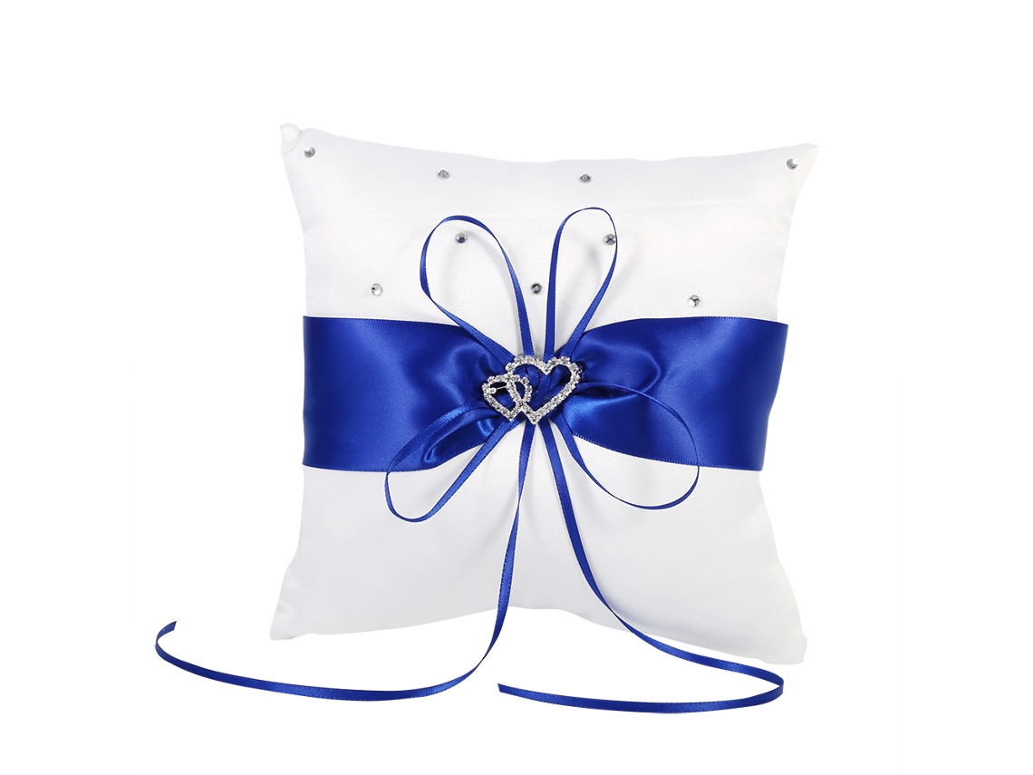KOFIHETY Almofada para aliança de casamento com laço e dois corações de diamante (azul)