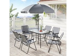 Conjunto Jardim 8 Peças Com Guarda-sol, 6 Cadeiras Dobráveis, Mesa Vidro Temperado Cinza