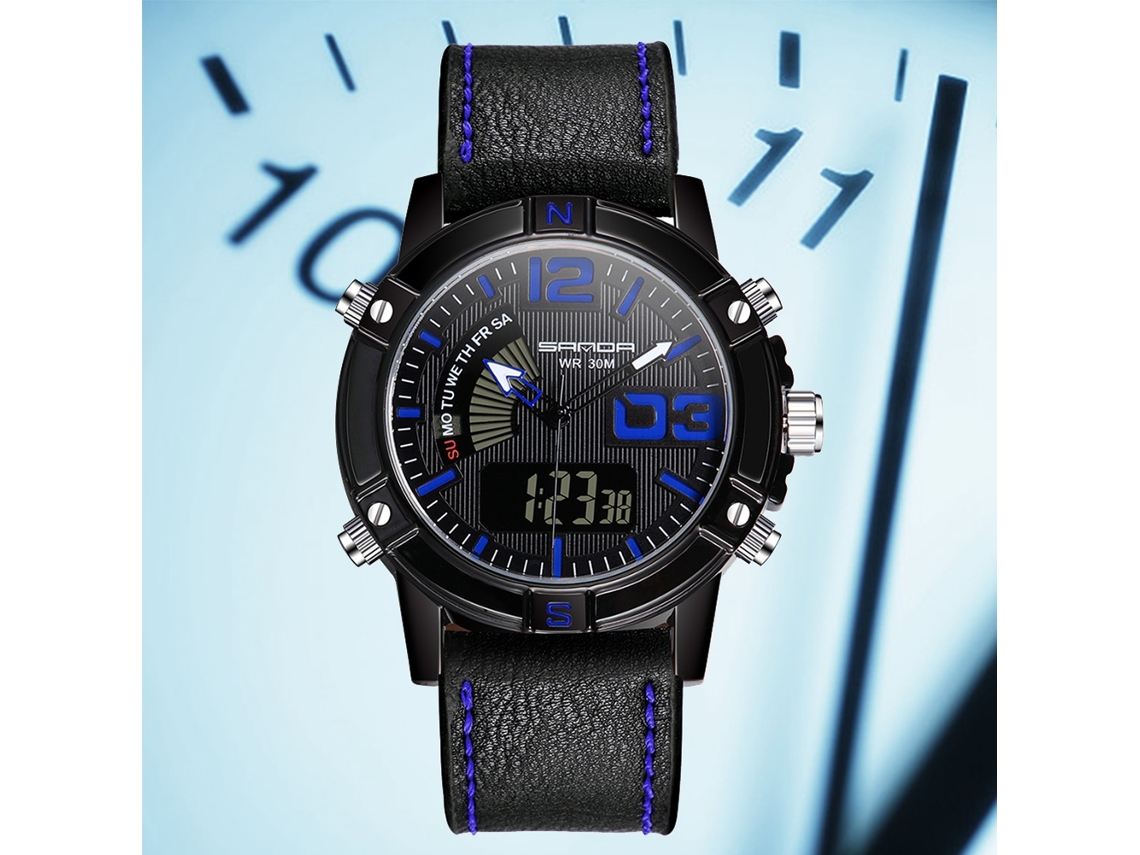 Pulseira de relógio eletrônico digital multifuncional à prova d'água Sanda (preto e azul)