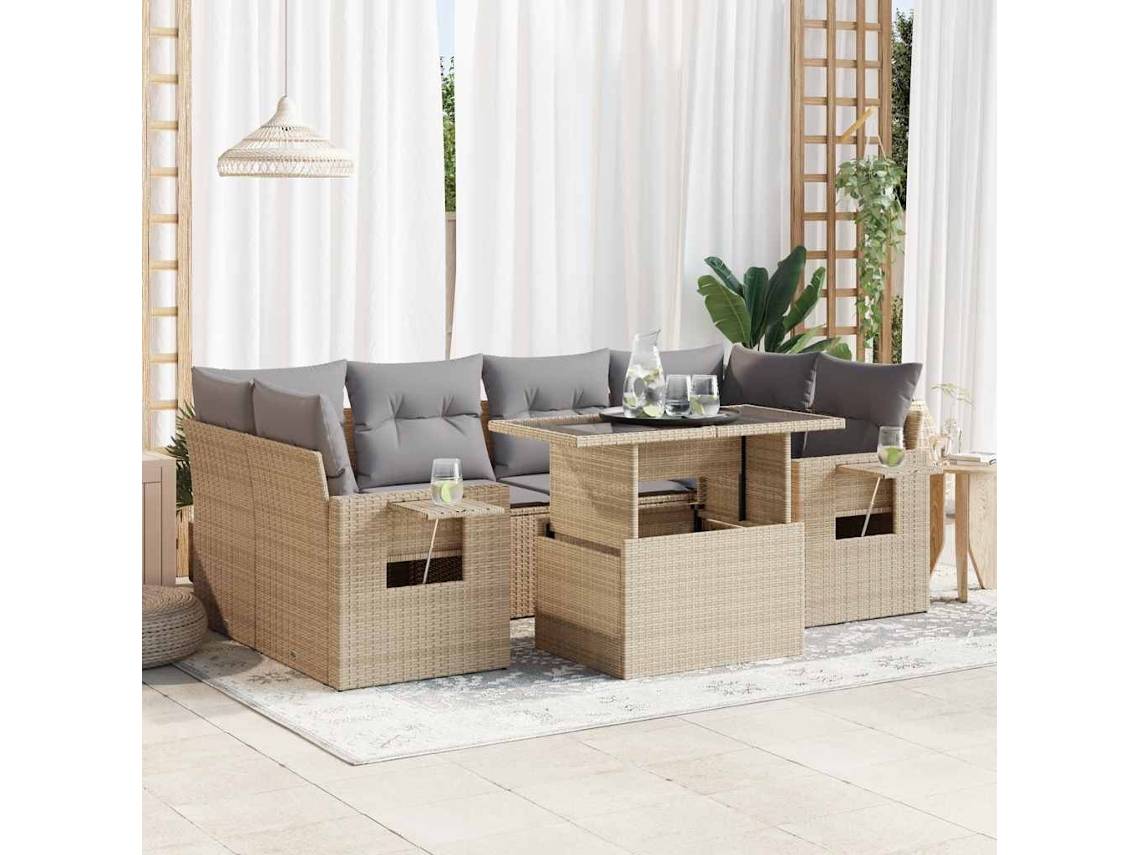 Vidaxl 7 Pcs Conjunto De Sofás P/ Jardim Com Almofadões Vime Pe Bege