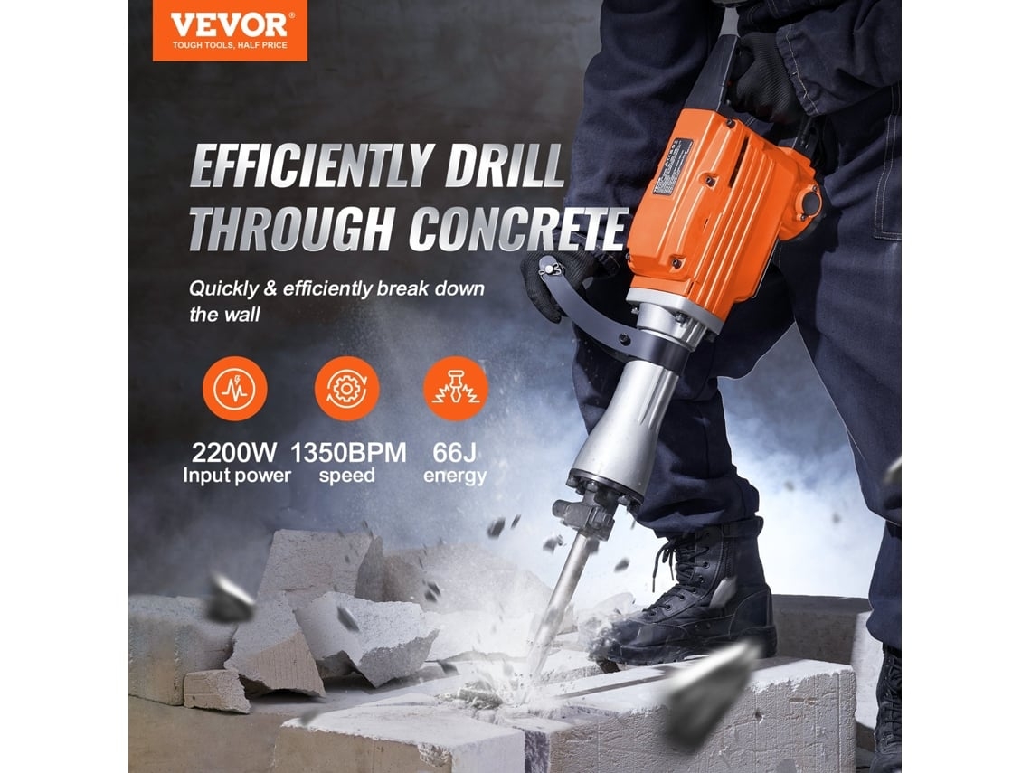 VEVOR Disjuntor de Concreto Elétrico de Martelo de Demolição 2200W com 6 Bits de Cinzel