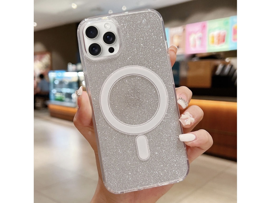 Capa Transparente Com Glitter Para Iphone 13 Pro Max - Acrílico - Magsafe - Prateada