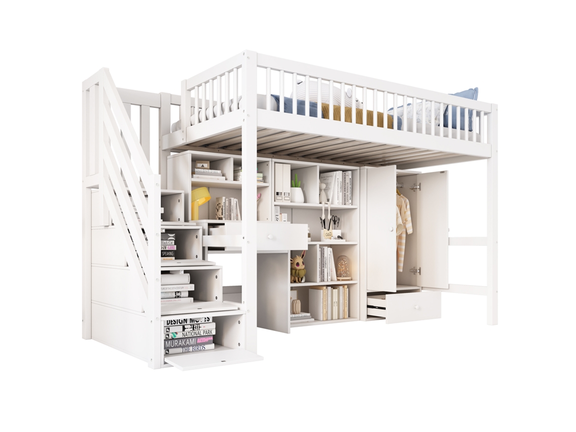 Cama infantil multifuncional com escrivaninha, escada e armários em madeira maciça e MDF, branca 90x200, sem colchão PAPRIKA