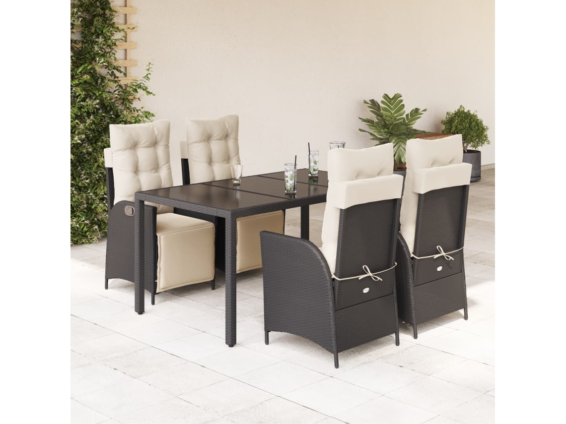 Vidaxl 5 Pcs Conjunto De Jantar P/ Jardim C/ Almofadões Vime Pe Preto