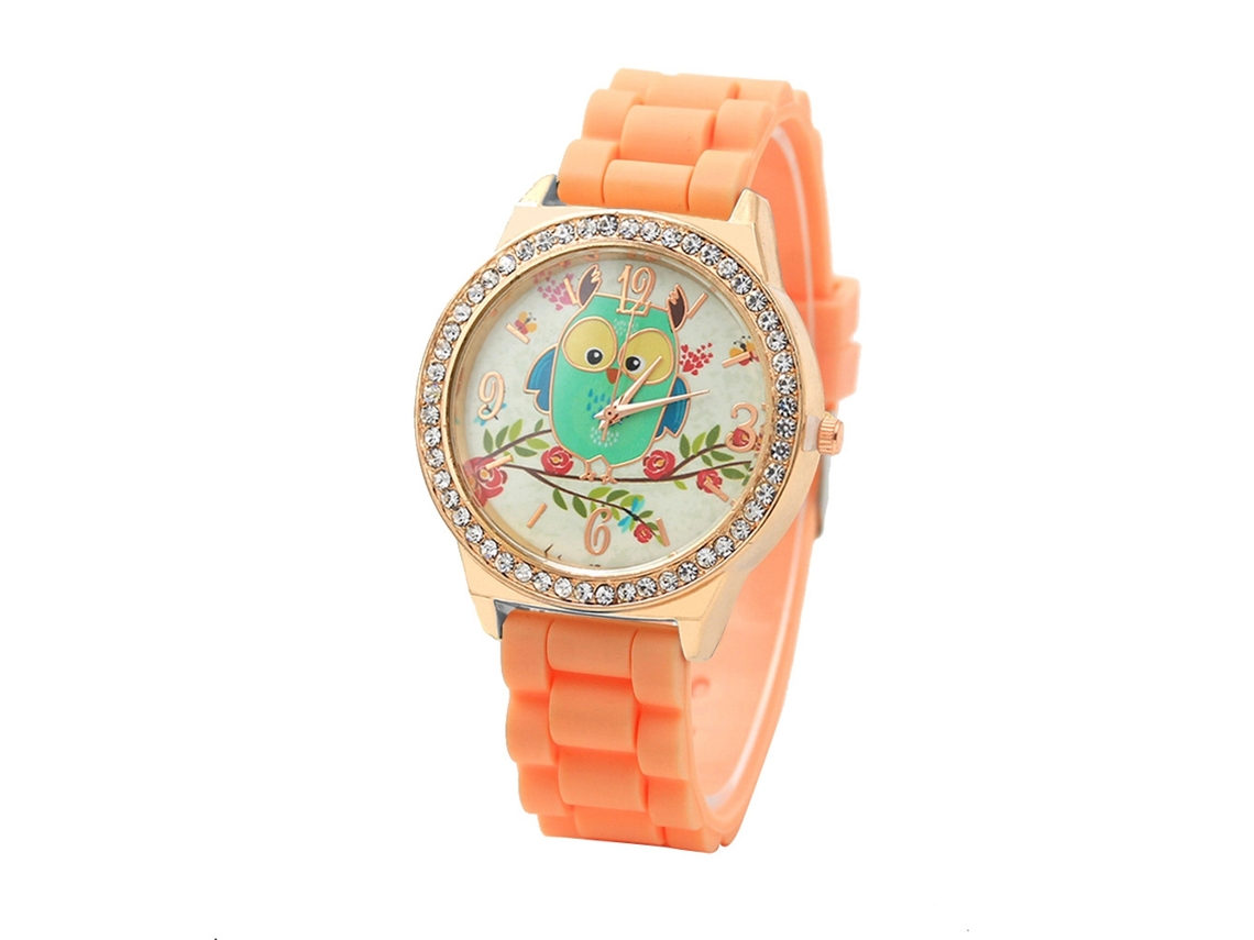 Relógio Feminino de Pulso Redondo com Strass Padrão Coruja Pulseira de Silicone Laranja