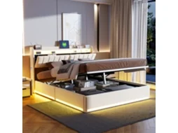 Cama Casal Led Hidráulica 140x200 Cm Cabeceira Veludo Armazenamento Luz Rgb