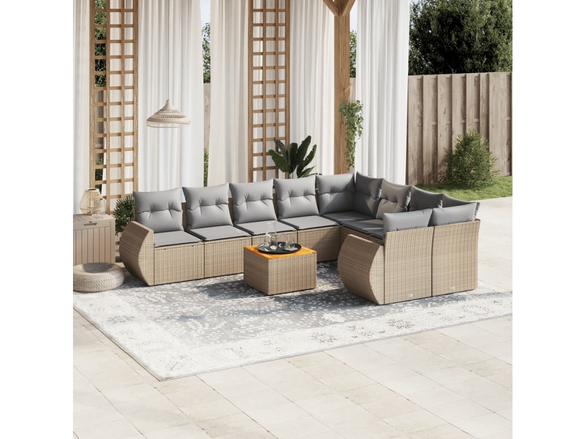 10 Pcs Conjunto De Sofás P/ Jardim Com Almofadões Vime Pe Bege Dkd Home Decor