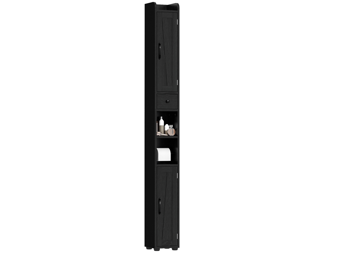 Coluna Banho C/ 2 Portas, Compartimento Aberto, Prateleiras Ajustáveis E Porta-rolos, 20x20x185cm, Preto