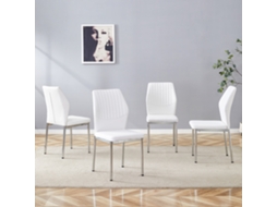 Conjunto 4 Cadeiras Jantar Pu Branco Relevo Vertical Pés Prateado