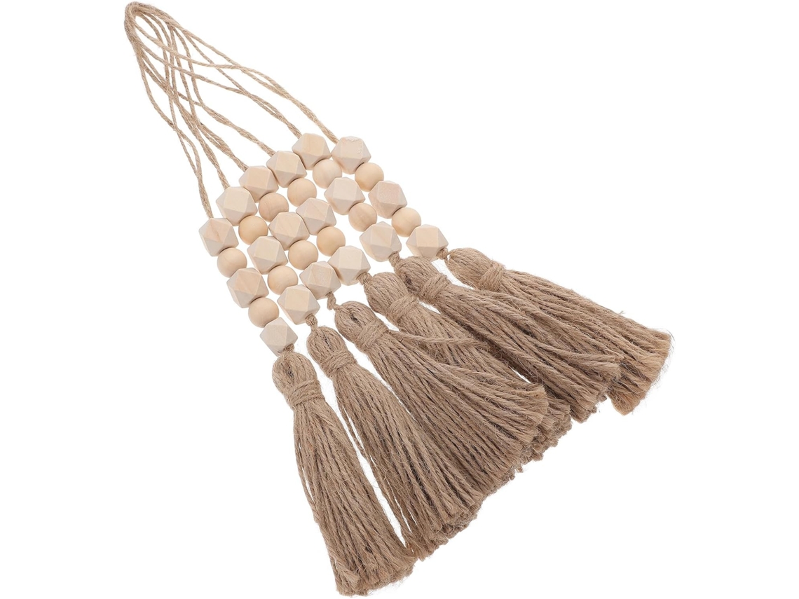 Decoração Suspensa Boêmia 6 Contas Madeira Natural Borlas Corda Ornamento Rústico Feito Interiores Fácil GOKOCO
