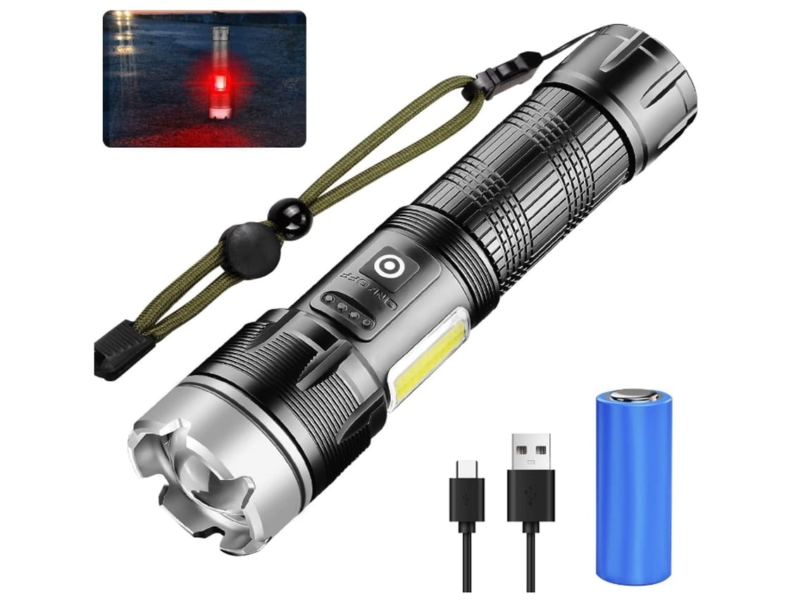 Lanterna Led Super Brilhante De 6000 Lúmens Recarregável Foco Ajustável Lanterna P70 Com Luz De Trabalho Lateral Cob 7 Modos Preta Yunzii