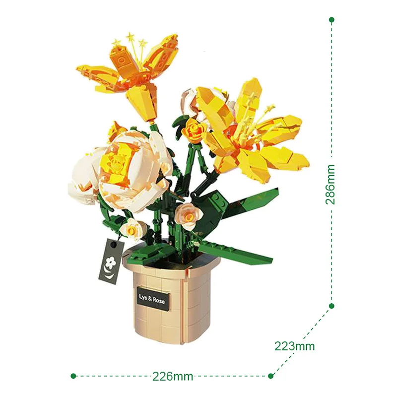 (lírio Do Pôr Do Sol) Conjunto De Blocos De Construção Da Série Floral Criativa Com Vaso E Buquê Artificial