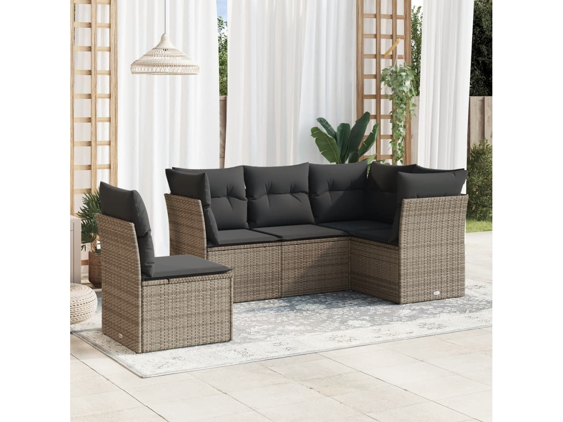 5 Pcs Conjunto Sofás De Jardim C/ Almofadões Vime Pe Cinza Dkd Home Decor