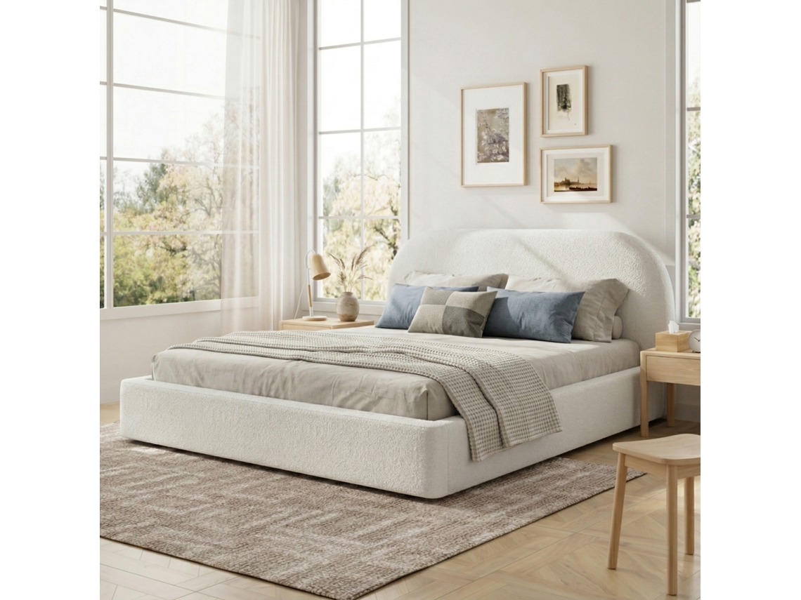 Cama De Casal Estofada 180x200 Cm - Com Base De Lâminas, Cabeceira Acolchoada - Bege Bouclé