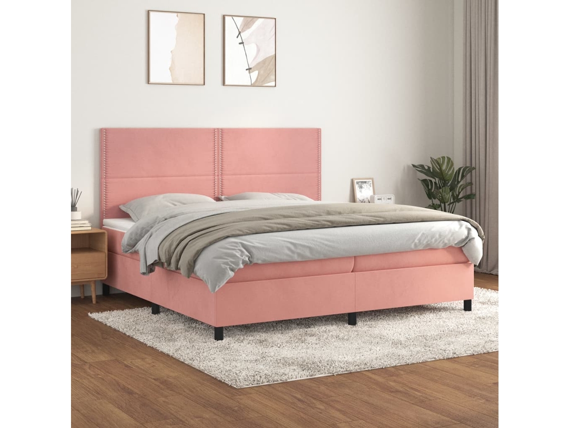 Cama Com Molas/colchão 200x200 Cm Veludo Rosa