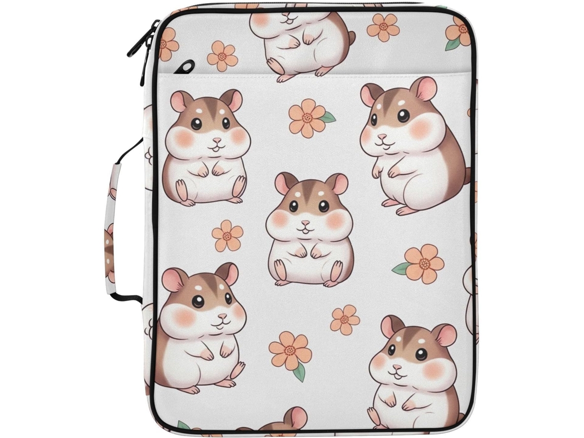 Pasta Expansível Fofa Com Estampa Floral Bege De Hamster, 7 Bolsos, Fichário Sanfonado Com 3 Argolas E Fechamento Em