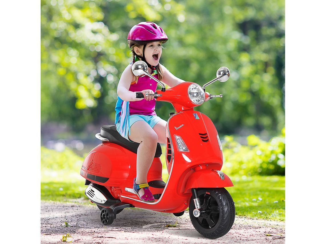Mota Elétrica para Crianças com Licença Vespa com Música Velocidade 2 3 Km/h e Buzina 102x50,5x75,5 Cm Vermelha