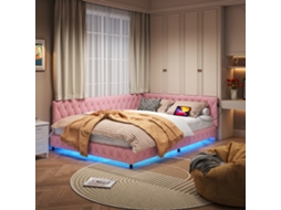 Sofá-cama Em Forma De L,140x200cm,cama De Casal Com Led E Entradas Usb E Tipo-c,cama De Criança Com Estrado De Ripas,forro Polar Macio, Sem Colchão