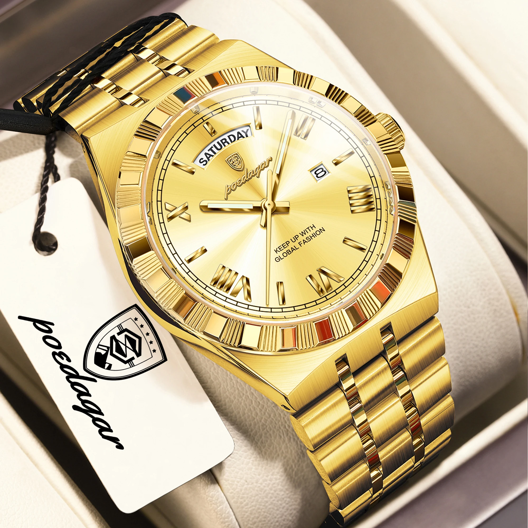 Relógio Masculino Clássico De Luxo Original (dourado), Com Exibição De Dia E Data, À Prova D'água E Luminoso.