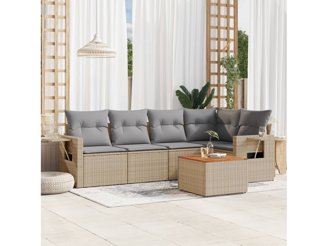 Vidaxl 6 Pcs Conjunto De Sofás P/ Jardim Com Almofadões Vime Pe Bege