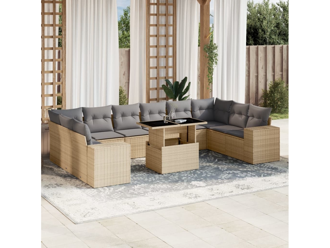 Vidaxl 11 Pcs Conjunto Sofás De Jardim C/ Almofadões Vime Pe Bege
