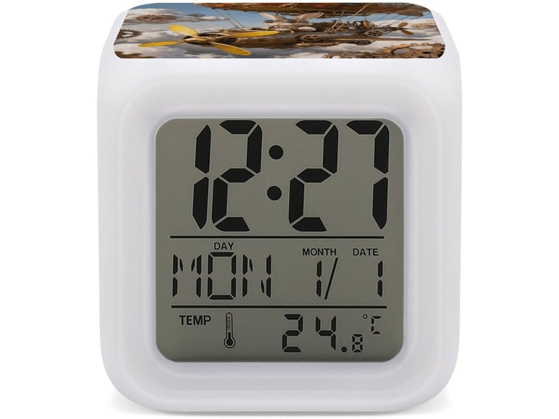 Despertador Digital Led Steampunk Coelho Piloto Com 7 Cores Variáveis, Visor De Temperatura, Data, Função Soneca E Luz