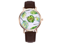 Relógio feminino de quartzo com pulseira de couro PU, mostrador redondo, cor café.