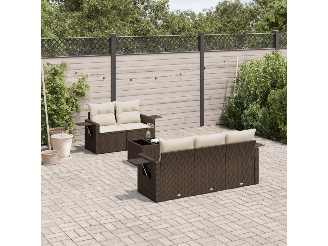 Vidaxl 6 Pcs Conjunto De Sofás Jardim C/ Almofadões Vime Pe Castanho