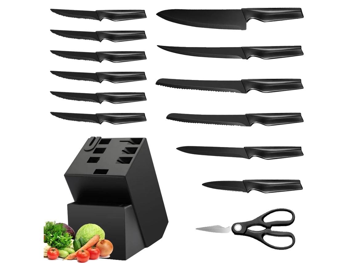 Conjunto De Facas De Cozinha, Cabos Ergonômicos, Afiador Embutido, Preto
