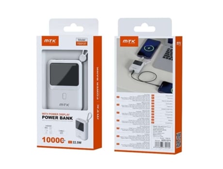 Power Bank 10 000 mAh com Cabo (Tipo C + iPhone) Carregamento Rápido 22.5W