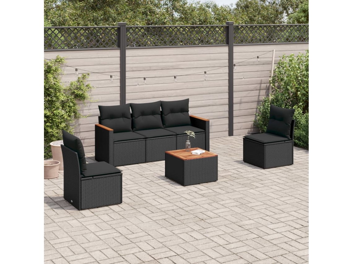 Vidaxl 6 Pcs Conjunto Sofás de Jardim C/ Almofadões Vime Pe Preto