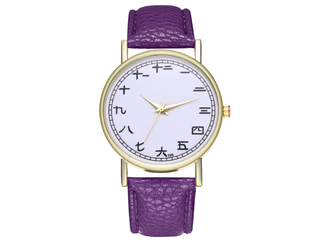 Relógio feminino de quartzo com pulseira de couro PU e mostrador redondo roxo moderno.