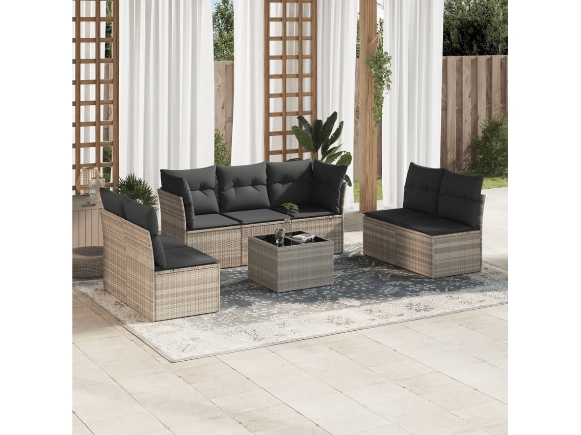 Vidaxl 8 Pcs Conj. Sofás Jardim C/ Almofadões Vime Pe Cinzento-claro