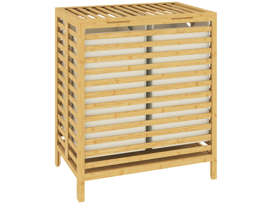 Cesto de Roupa Suja de Bambu com Tampa. 2 Cestas. Dobrável. 64l. Natural e Branco Cremoso Ge