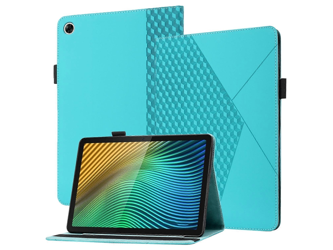 Capa De Couro Para Tablet Oppo Realme Pad Com Estampa De Losangos, Formato Horizontal, Com Compartimentos Para Cartões E Suporte.