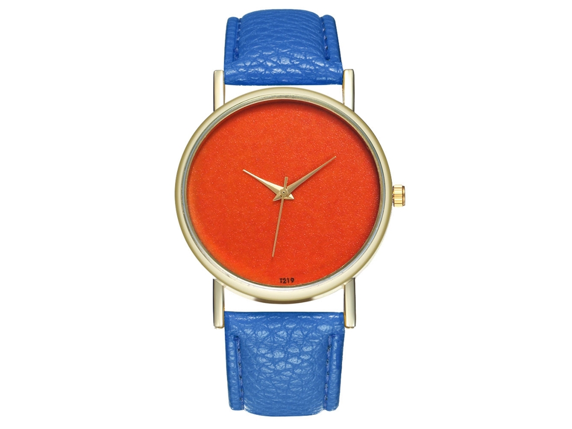 Relógio feminino casual de quartzo com mostrador laranja e pulseira de couro azul royal.