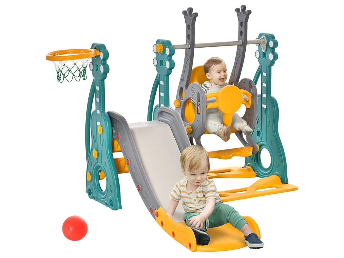 Escorrega E Balanço Infantil 4-em-1 Com Cesta De Basquete, Assento Ajustável, 152x149x107cm, Azul E Amarelo-pt