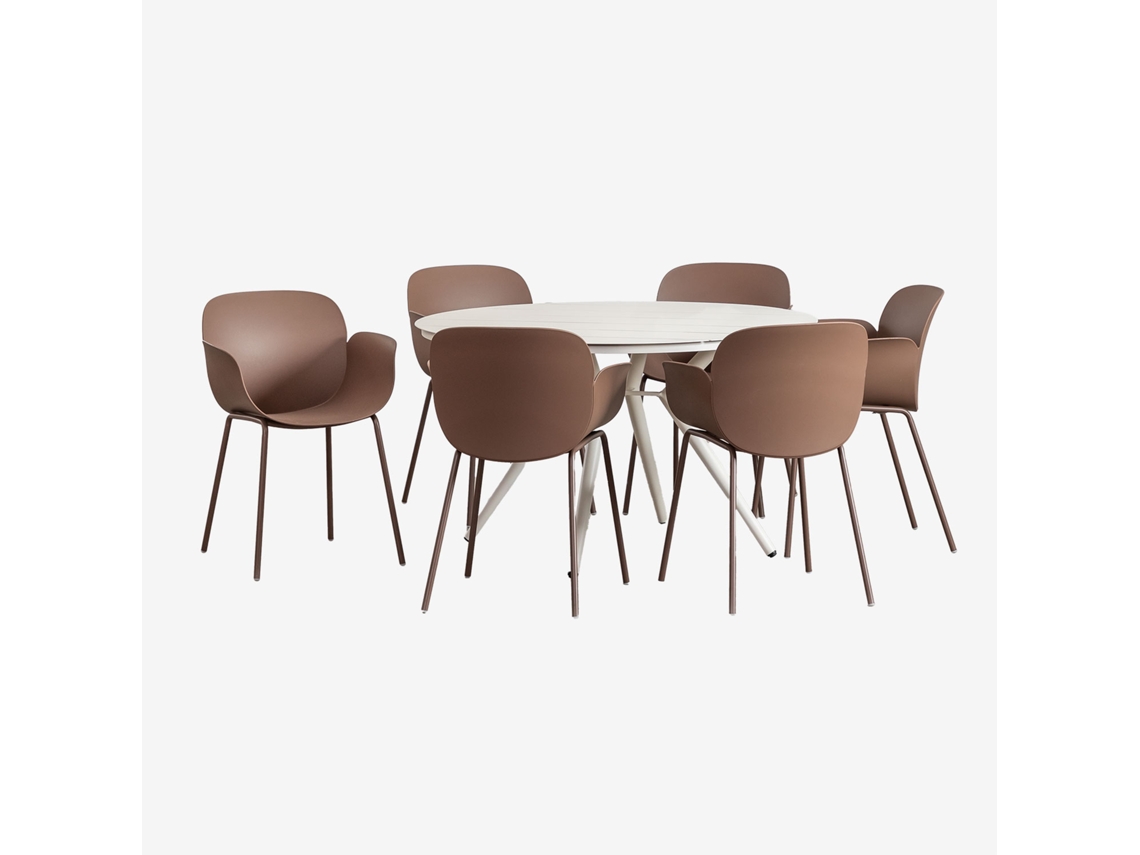 Conjunto De Mesa Redonda Ø125 Cm Em Alumínio SKLUM Valerie E 6 Cadeiras De Jardim Em Polipropileno E Aço Lynette Alumínio Castanho Caramelo