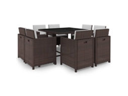 Vidaxl 9 Pcs Conjunto Jantar Exterior C/ Almofadões Vime Pe Castanho