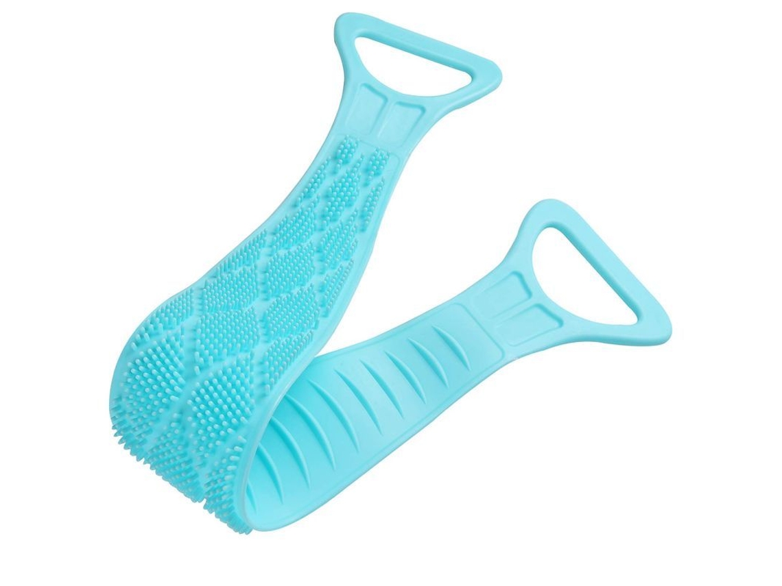 Escova de costas esfoliante de silicone para banho, com cabo e textura macia, para homens e mulheres.