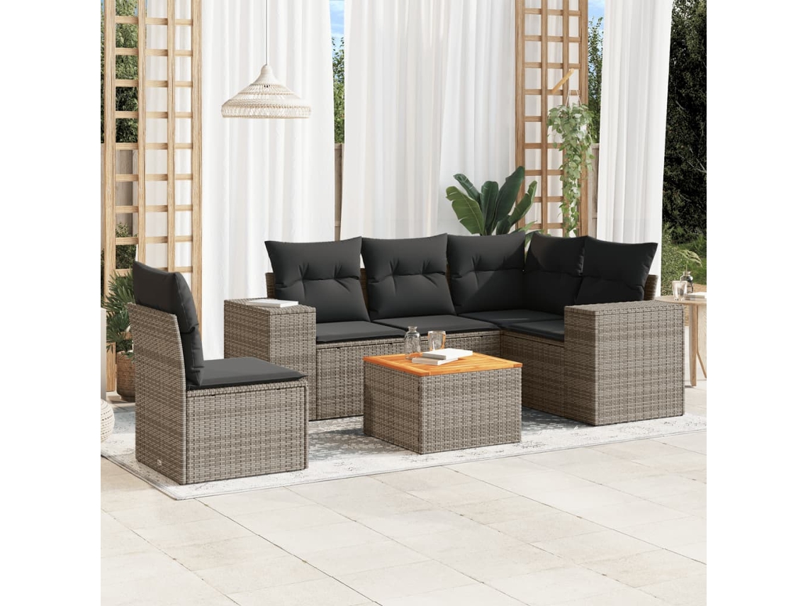 Vidaxl 6 Pcs Conjunto Sofás De Jardim Com Almofadões Vime Cinzento