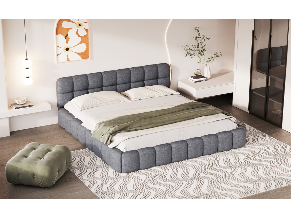 Cama Estofada 160 X 200 Cm, Cama Plana Com Encosto E Rebordo Almofadados, Estrutura De Ripas, Linho, Sem Colchão