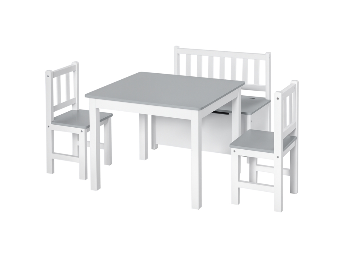 Conjunto de Mesa Infantil com 2 Cadeiras e Cômoda de Madeira, Branco e Cinza CHEZMOI